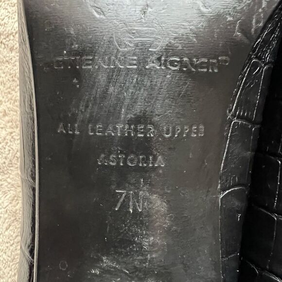 Etienne Aigner Black Croc Embossed Leather Block Heel Pumps Women 7N Narrow - Picture 16 of 16